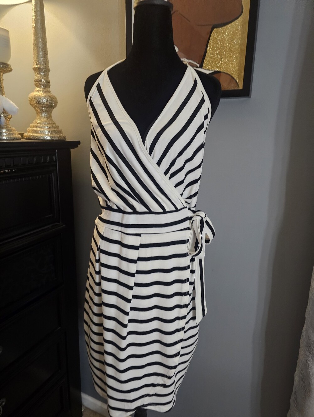 SHEIN Black & White Striped Wrap Midi Dress